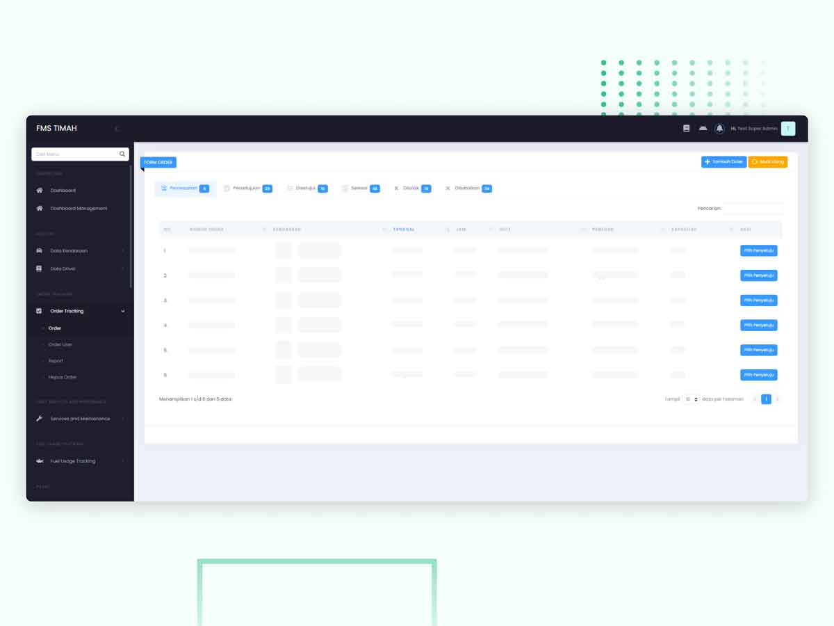Aplikasi Fleet Management System PT Timah Tbk Menu utama dashboard dan tampilan aplikasi fleet management system PT Timah Tbk yang dikembangkan oleh Sekawan Media