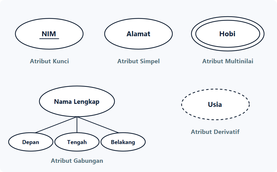ERD: Pengertian, Jenis, Komponen, Simbol, & Cara Membuat Lima jenis atribut dalam ERD